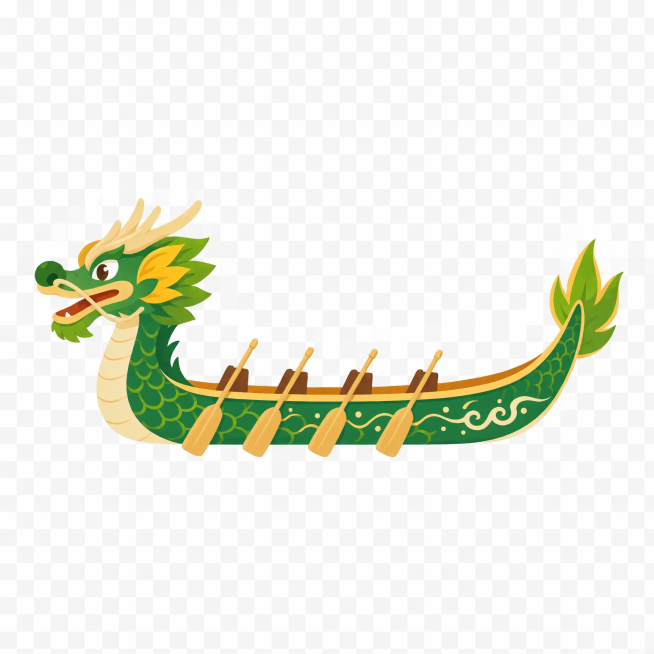 端午传统龙舟矢量插画，扁平化设计风格，干净线条，纯色块，透明背景，PNG格式素材预览效果