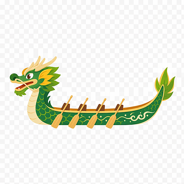 端午传统龙舟矢量插画，扁平化设计风格，干净线条，纯色块，透明背景，PNG格式素材