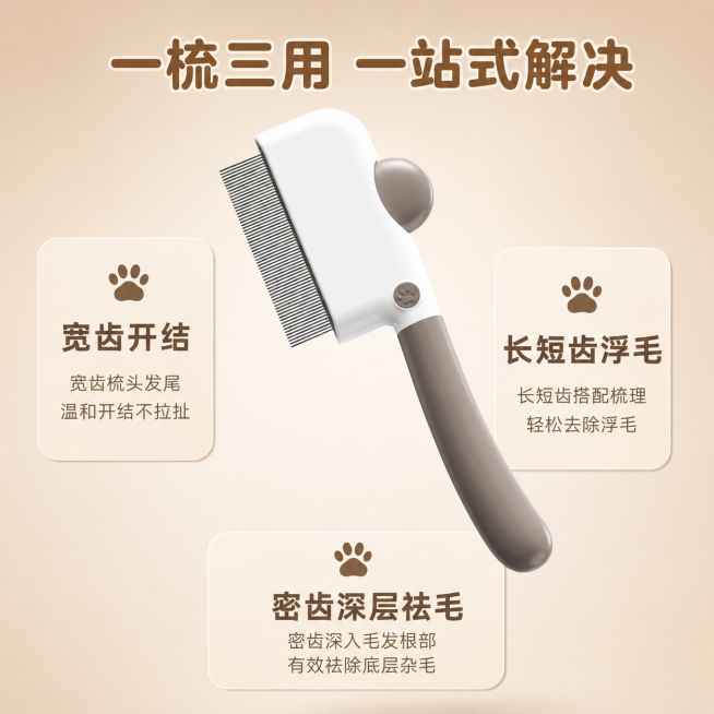 「图片1」，生成一套主图（5张），商品名称是三合一宠物梳子，卖点是一梳三用，养宠必备神器：宽齿开结、长短齿浮毛、密齿深层祛毛，全阶段毛发问题一站式解决，告别多把梳子的繁琐。，风格是温馨治愈风电商图，暖预览效果