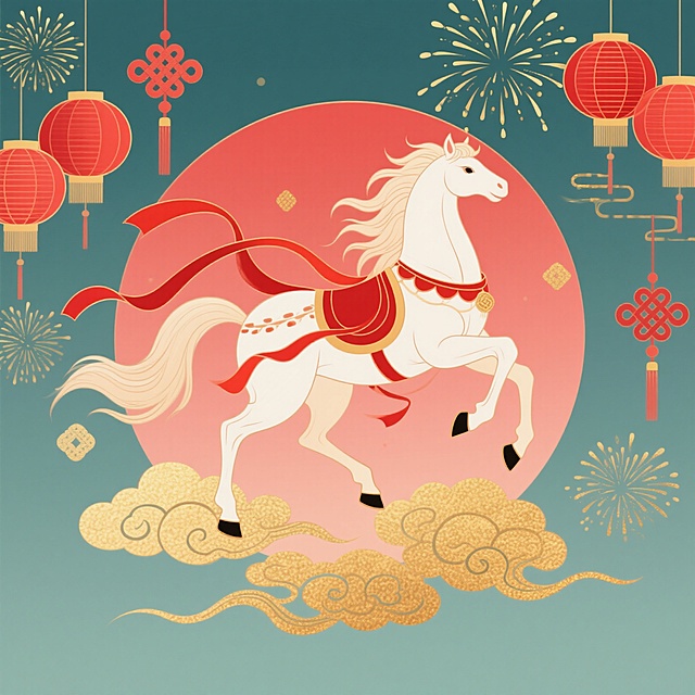一匹姿态昂扬的骏马，身披红色绸缎，鬃毛和尾巴飘逸，马蹄踏在金色祥云上，周围环绕着红灯笼、中国结和金色烟花，背景是淡红色渐变，整体风格喜庆吉祥，充满新年氛围