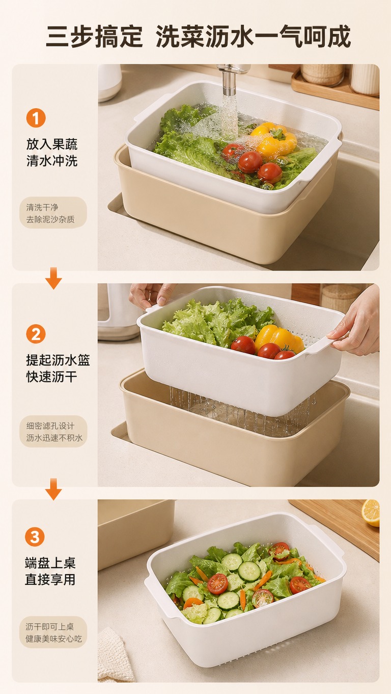 [商品] 使用【图1】双层方形沥水篮；保留奶白沥水篮+浅卡其接… - 图片创意预览