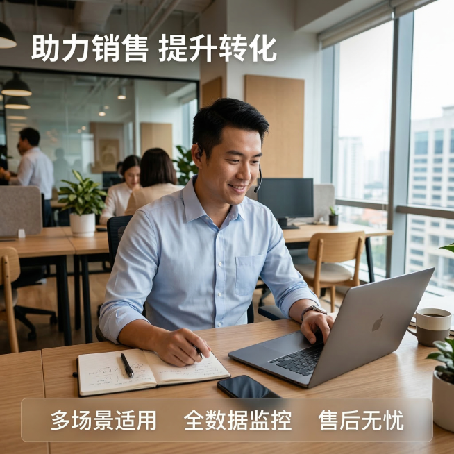 [主图主题] 企业办公场景体验展示
[氛围/风格] 真实商务场景，自然通透，专业氛围感
[画面元素] 现代化办公环境中，一位男性职场销售人员（亚洲面孔，身着商务衬衫）正坐在办公桌前，使用笔记本电脑操作预览效果