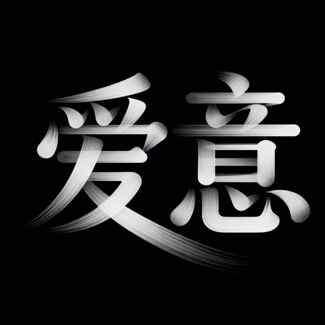 纯黑色背景，抽象变形的“爱意”创意字体，笔画渐隐，线条流畅富有动感预览效果