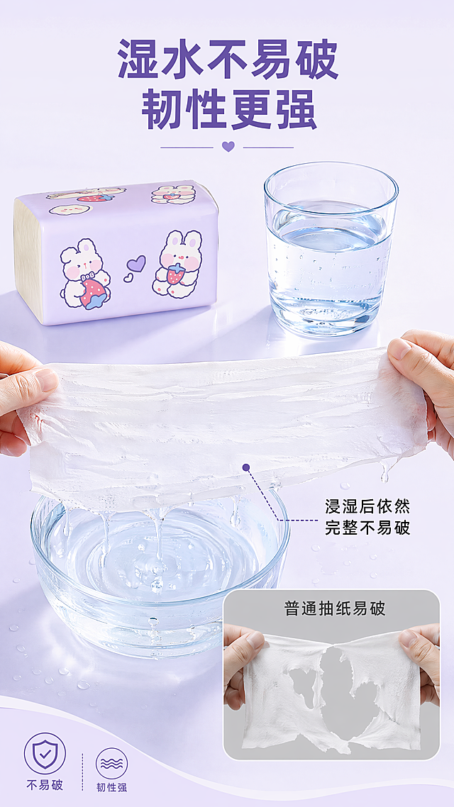 [第4屏] 抽纸湿水不易破功能测试演示页。
[氛围/风格] 真实演示直观风，浅紫色调统一，生活化场景，清晰展示功能优势。
[元素布局] 抽纸包装【图1】放置在画面左上角，保持外形图案颜色与原图一致，画面中下部展示浸湿后的抽纸被拉伸测试，抽纸保持完整不易破，旁边放一杯清水作为道具，展示湿水过程。主体功能演示占画面60%区域，左上角产品标注品牌展示，右下角加入对比小图展示普通抽纸湿水破碎效果。
[光影质感] 真实生活化光照，水面高光自然，抽纸湿润质感表现真实，整体明亮清晰。
[配色色系] 全局底色：#F5F0FC（浅紫），清水浅蓝透明感，抽纸保持原包装色彩，对比小图浅灰色底。
[视角构图] 对角错落布局，左上产品包装，中下功能演示，右下对比小图，视觉层次分明。
[文字版式] 顶部主标题「湿水不易破 韧性更强」深紫色加粗居中，演示区旁标注「浸湿后依然完整不易破」黑色小字，对比小图上方标注「普通抽纸易破」，文字清晰不遮挡核心演示区域。
[比例分辨率] 9:16竖版比例，4K分辨率，文字清晰可辨，超高清。
[负向提示词] 产品变形，图案错误，颜色偏差，演示不真实，文字错乱，水印，背景杂乱。