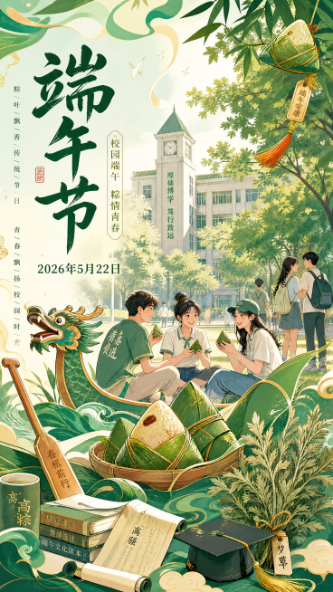 国潮插画风端午节主题海报，明亮清新，大学校园场景，融入粽子、龙舟、艾草，装饰元素有粽子、竹叶、书卷、学士帽、龙舟桨，青春活力氛围，传统节日与校园结合，主色调竹绿+粽叶青+暖黄，海报上有文字"端午节"和预览效果