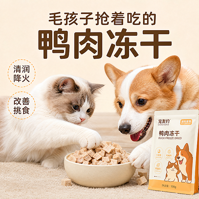 [主图-3] 场景种草款冻干鸭肉粒淘宝主图，1:1正方形温馨浅米色背景，一只猫咪和一只狗狗趴在画面下方，正伸着爪子抢食碗里的冻干鸭肉粒，表情生动活泼，碗旁放置产品包装袋，保持包装袋外观与原图一致。画面顶部放置文字"毛孩子抢着吃的鸭肉冻干"，侧边标注"清润降火 改善挑食"，整体氛围治愈有吸引力，为真实宠物实拍风，色彩柔和，文字清晰可读不遮挡主体，负向提示词：变形，水印，文字错乱，产品图模糊，背景杂乱，文字遮挡主体。