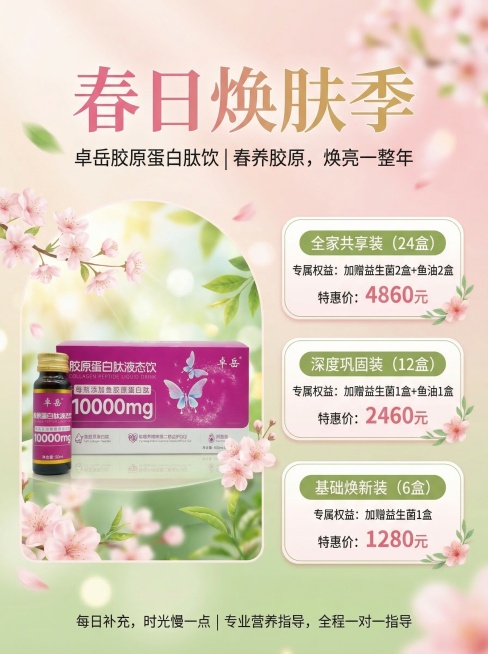 产品活动海报，用于微信发给老顾客。主标题是"春日焕肤季"，副标题是"卓岳胶原蛋白肽饮 | 春养胶原，焕亮一整年"。整体采用暖粉色和嫩绿色的柔和配色，风格亲切。将提供的卓岳胶原蛋白肽饮产品图片放在海报中预览效果