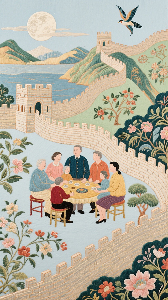 工笔细腻，刺绣质感，浮雕层次，插画风呈现中秋团圆场景，长城蜿蜒，明月高悬，花鸟点缀，中式复古温馨感满溢。
