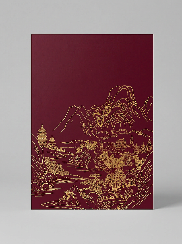 提取保留图片中间的酒红色山水海报，去掉周围所有气球和装饰元素，只保留这张带有金色线条山水图案的海报，保持海报的酒红色底色和金色纹理细节清晰不变