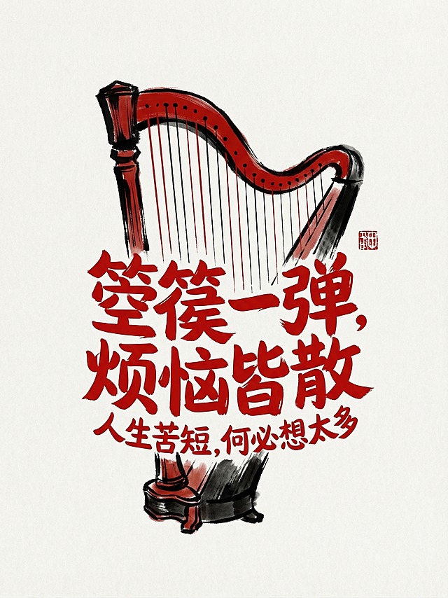 参考示例图片的创意设计风格，设计中国传统乐器箜篌，采用国潮水墨创意设计，将文字和乐器造型结合，红黑配色，浅色背景，搭配趣味网络文案，保留中式印章细节，风格和示例保持一致