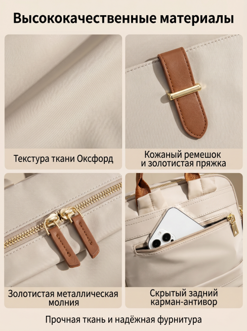 严格还原上传的产品图，包括包装设计、颜色、LOGO位置、文字内容、图案元素等所有细节。产品细节特写（牛津布纹理、棕色皮扣、金色拉链、防盗后袋），分四宫格排版，背景为浅米色柔光背景，高清4K，杂志式四宫预览效果