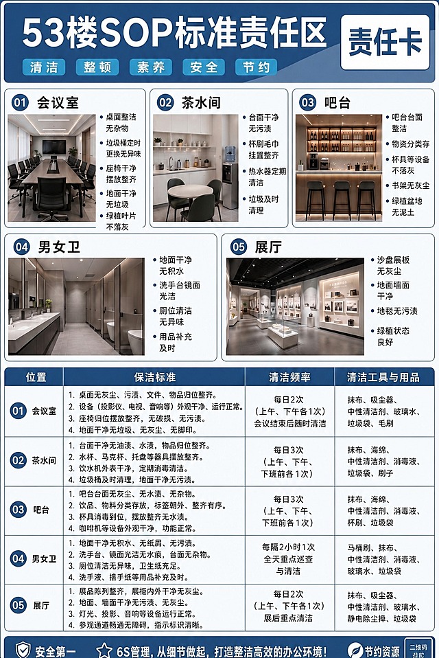 基于参考图，保持整体商务蓝色版式、标题、表格、底部标语等所有结构不变，仅将5大区域卡片右侧的文字要点替换为以下新内容，配图和布局保持原样：

01 会议室文字要点替换为：
- 桌面整洁无杂物
- 垃圾桶定时更换无异味
- 座椅干净摆放整齐
- 地面干净无垃圾
- 绿植叶片不落灰

02 茶水间文字要点替换为：
- 台面干净无污渍
- 杯刷毛巾挂置整齐
- 热水器定期清洁
- 垃圾及时清理

03 吧台文字要点替换为：
- 吧台台面整洁
- 物资分类存放
- 杯具等设备不落灰
- 书架无灰尘
- 绿植盆地无泥土

04 男女卫文字要点替换为：
- 地面干净无积水
- 洗手台镜面光洁
- 厕位清洁无异味
- 用品补充及时

05 展厅文字要点替换为：
- 沙盘展板无灰尘
- 地面墙面干净
- 地毯无污渍
- 绿植状态良好

只修改5个区域卡片的右侧文字内容，其他所有元素（标题、顶部标签、表格内容、底部标语、配色、版式、配图、编号）全部保持与参考图完全一致。文字清晰可读，字体风格与原图一致。
