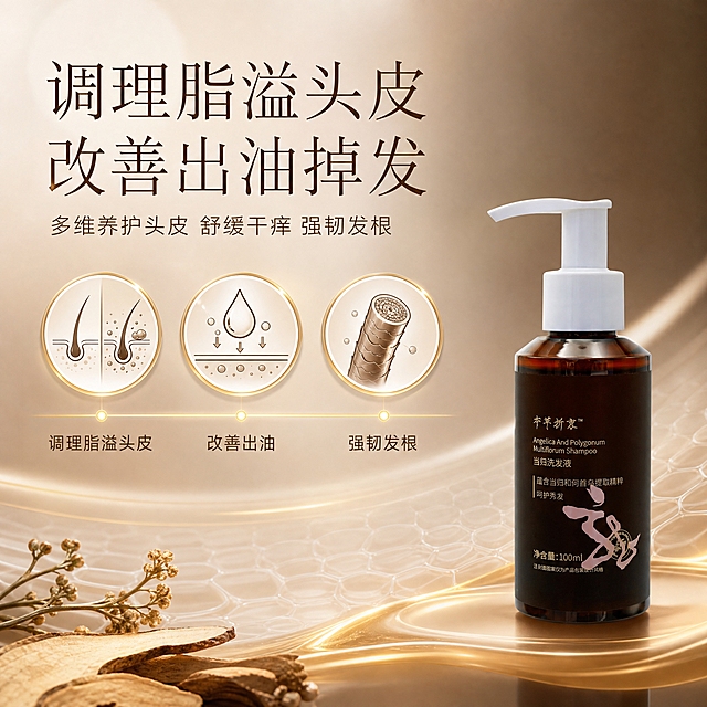 [主图-2] 功效展示，调理脂溢头皮改善出油掉发，多维养护头皮舒缓干痒强韧发根，用可视化证据呈现功效。
[统一基调] 高端本草风格，主背景为高级透亮的深金棕色渐变搭配米白色柔光区域，整体通透不暗沉；主标题字体为典雅细衬线体，字色为深金棕色，辅助文案为暖棕色，强调色为鎏金色；整体简洁稳重，符合京东平台品质感，文字占比小于30%。
[画面] 产品瓶身位于画面右下侧，占画面约40%，正面展示，外观与原图完全一致；画面左侧和中上区域为功效可视化区域：用三个圆形鎏金边图标卡片横向排列，分别对应三大功效——第一个图标为头皮毛囊微观示意图（健康毛囊与油脂毛囊对比的简约线条图），配文「调理脂溢头皮」；第二个图标为水滴+油脂分解符号，配文「改善出油」；第三个图标为强韧发根的发丝截面图，配文「强韧发根」；图标下方有一条柔和的鎏金色细线连接，形成功效链路；背景有淡淡的头皮肌理柔光纹理，不抢眼。
[光影质感] 商业摄影质感，产品部分保持柔光箱打光质感，图标卡片有轻微悬浮投影，整体光线均匀柔和，深金棕色背景有通透的渐变层次。
[配色] 主色深金棕色+米白色，图标边框鎏金色，图标内部线条为深棕色，文字暖棕色，整体色调统一。
[文字版式] 画面上方大标题「调理脂溢头皮 改善出油掉发」，深金棕色大号细衬线体；大标题下方短句「多维养护头皮 舒缓干痒 强韧发根」，暖棕色小号字体；三个图标卡片下方各有对应功效短词，字体统一；所有文字横排，标题居中或左对齐于负空间。
[输出要求] 1:1正方形，2048px，产品清晰不变形，文字清晰可读，无错字；禁止医疗化表述、禁止治疗功效暗示、禁止夸张对比图，禁止出现京东Logo、水印、绝对化用语。