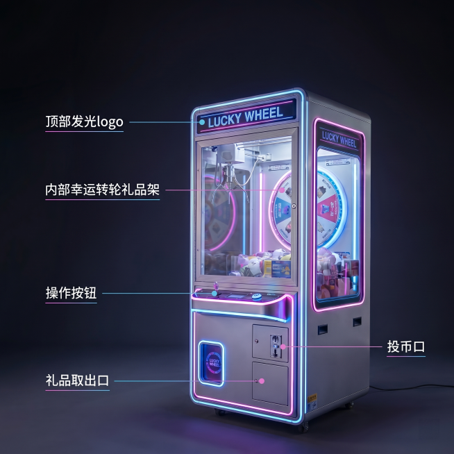 [主图 2] 幸运转轮投币礼品电玩机核心功能展示。[氛围风格] 专业商用，突出核心结构。[画质] 商业摄影质感、产品清晰真实、画面干净高级。[元素] 以整机为主体，用极细引线连接标注各个核心部位：顶部预览效果