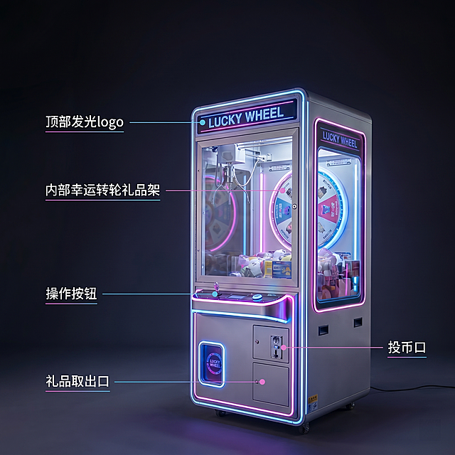 [主图 2] 幸运转轮投币礼品电玩机核心功能展示。[氛围风格] 专业商用，突出核心结构。[画质] 商业摄影质感、产品清晰真实、画面干净高级。[元素] 以整机为主体，用极细引线连接标注各个核心部位：顶部发光logo、内部幸运转轮礼品架、操作按钮、投币口、礼品取出口。保持产品外观结构颜色与原图一致，杜绝变形色差，精细化处理。商品主体占比约70%，满屏无边框。[光影] 均匀布光，重点部位加光突出，清晰展示细节结构。[配色] 延续原有机器配色，深色背景突出主体。[视角构图] 平视整机，标注清晰不遮挡主体。[文字版式] 引线纤细对应每个功能部位，文字标注清晰，深底白字高反差。[比例分辨率] 1:1 比例，2k 分辨率，文字清晰，超高清。[负向提示词] 变形，水印，文字错乱，背景杂乱。