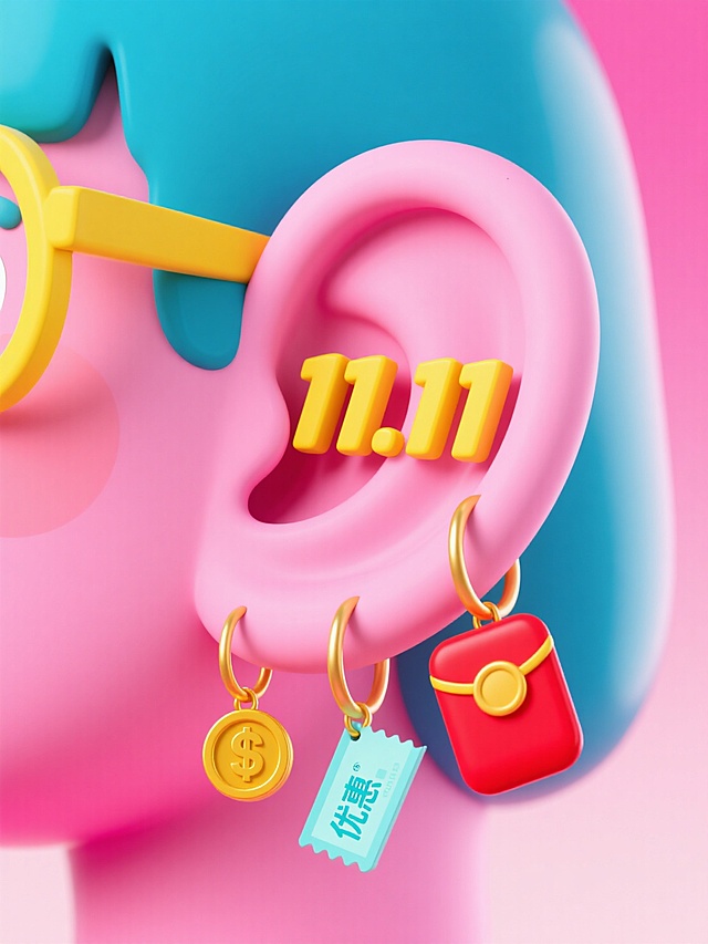 耳朵上挂满耳环的特写，耳环造型分别是：“11.11”、红包、金币、优惠券，粉色背景