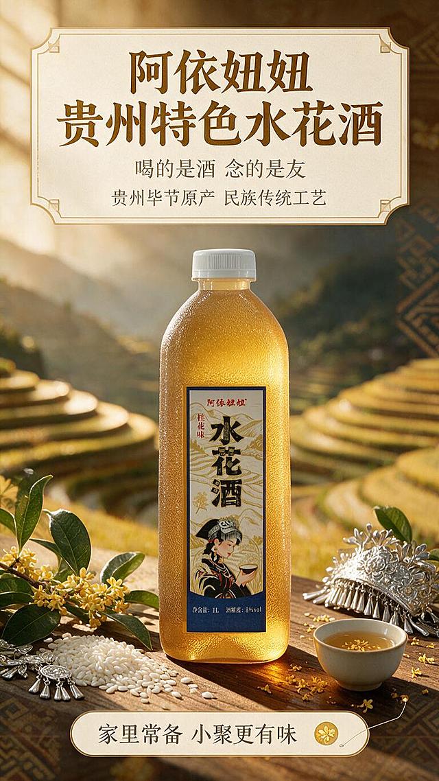 [商品] 使用产品图阿依妞妞桂花味水花酒，保留包装外观和文字，商品真实不变形。
[画面] 第10张-品牌故事收尾，产品瓶正立居中，周围环绕桂花枝、糯米、苗族银饰等元素，背景是贵州山水梯田的虚化远景+民族纹样暗纹，营造贵州民族特色品牌氛围。整体画面温暖有故事感，突出品牌文化和产地特色。
[视觉] 套系策略：风格=中式清润暖调商业摄影；标题字=粗黑体厚重有力带书法飞白感；正文字=简洁黑体；主色=暖金黄+米白；背景延展=基于暖木棕做深浅层级、木质纹理、桂花纹样暗纹；强调色=桂花金黄，仅用于小面积图标、引线和标签；标题色=深棕金；正文色=深暖灰；组件=圆角浅底信息卡、细线引线、中式花窗装饰边框；光影=侧逆暖光，自然窗光感，酒液通透有琥珀光泽。
[文字] 上方主标题"阿依妞妞 贵州特色水花酒"10字，中间副标题"喝的是酒 念的是友"8字，下方品牌语"贵州毕节原产 民族传统工艺"，底部引导语"家里常备 小聚更有味"，文字横排。
[规格] 图片比例9:16竖版，1K分辨率，避免变形、错字、文字过小、冷蓝背景。