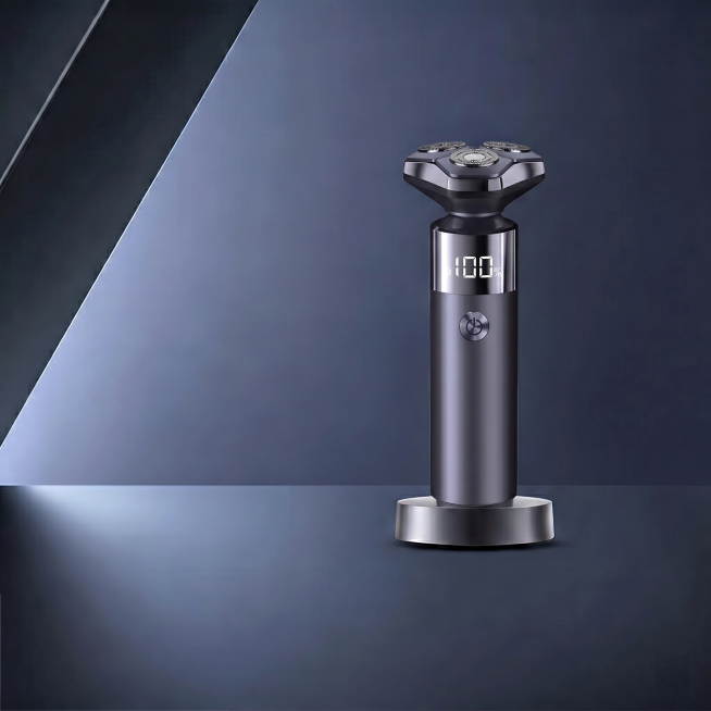 保持图一的深蓝斜切背景和底座，将剃须刀主体替换为图二的剃须刀预览效果