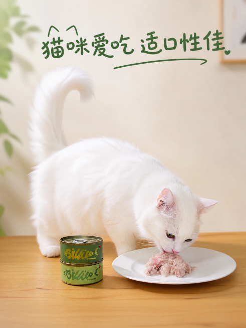 [第5屏] 本屏功能定义：猫咪真实食用场景展示，体现猫咪喜爱。使用【图3】保留猫咪和罐头位置关系。
[氛围/风格] 温馨居家喂食场景，自然真实，生活化治愈氛围。
[元素布局] 保留原图猫咪、罐头、装盘预览效果