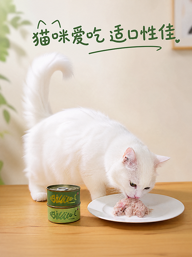 [第5屏] 本屏功能定义：猫咪真实食用场景展示，体现猫咪喜爱。使用【图3】保留猫咪和罐头位置关系。
[氛围/风格] 温馨居家喂食场景，自然真实，生活化治愈氛围。
[元素布局] 保留原图猫咪、罐头、装盘位置，木色桌面浅色墙面，左侧猫咪右侧产品，保持包装颜色和猫咪形态与原图一致，优化光影让画面更通透。
[光影质感] 正面柔和自然光，猫咪毛发质感清晰，罐头颜色还原真实，明暗自然。
[配色色系] 全局底色：#EFEBE9（浅木色背景）；主体：白色猫咪+绿色罐头，保持原有配色。
[视角构图] 横向场景居中展示，符合移动端竖版浏览，场景层次清晰。
[文字版式] 顶部标题："猫咪爱吃 适口性佳"，圆润手写深绿色，不遮挡猫咪和主体产品。
[比例分辨率] 3:4 竖版，4K分辨率。
[负向提示词] 猫咪变形，产品变色，场景模糊，文字错乱。