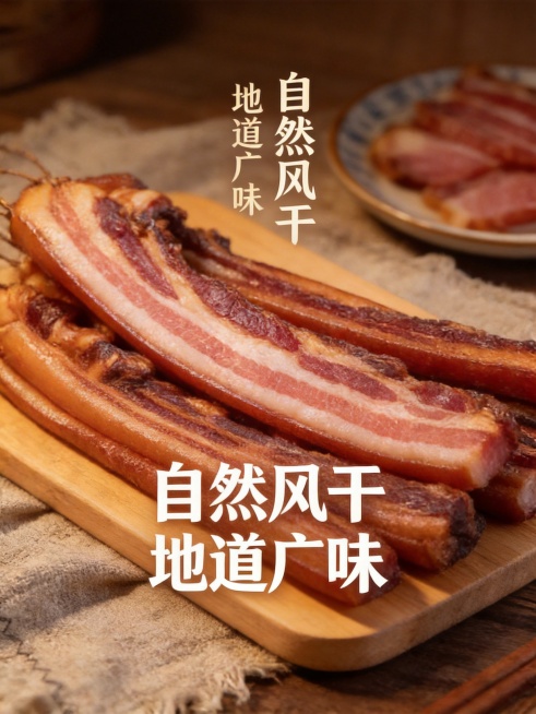 以这张广式腊肉为主体，制作高级有食欲的电商主图，添加卖点“自然风干 地道广味”，用柔和的暖光凸显腊肉的层次纹理，背景搭配复古粗布和陶瓷盘，营造传统老广风味氛围预览效果
