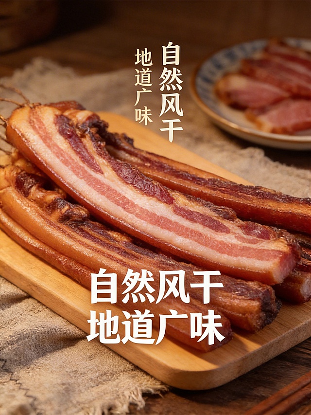 以这张广式腊肉为主体，制作高级有食欲的电商主图，添加卖点“自然风干 地道广味”，用柔和的暖光凸显腊肉的层次纹理，背景搭配复古粗布和陶瓷盘，营造传统老广风味氛围