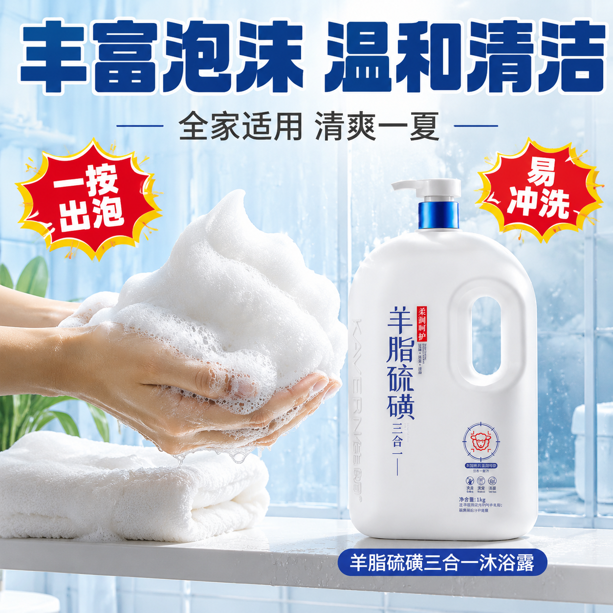 [主图-4] 真实使用场景图，浴室氛围展示丰富泡沫，体现家庭适… - 图片创意预览
