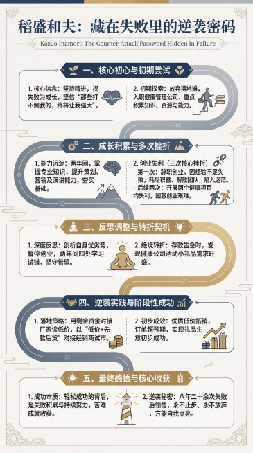 一张竖版的知识长图，顶部有标题“稻盛和夫：藏在失败里的逆袭密码”，下方分五大板块依次呈现内容：一、核心初心与初期尝试1. 核心信念：坚持精进，视失败为成长，坚信“那些打不倒我的，终将让我强大”。2.预览效果