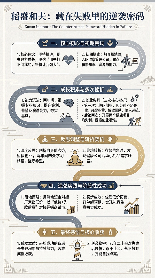 一张竖版的知识长图，顶部有标题“稻盛和夫：藏在失败里的逆袭密码”，下方分五大板块依次呈现内容：一、核心初心与初期尝试1. 核心信念：坚持精进，视失败为成长，坚信“那些打不倒我的，终将让我强大”。2. 初期探索：放弃摆地摊，入职健康管理公司，重点积累知识、资源与能力。二、成长积累与多次挫折1. 能力沉淀：两年间，掌握专业知识，提升策划、营销及演讲能力，夯实基础。2. 创业失利（三次核心挫折）：- 第一次：辞职创业，因经验不足失败，耗尽积蓄、解散团队，陷入迷茫。- 后续两次：开展两个健康项目均失利，困惑创业艰难。三、反思调整与转折契机1. 深度反思：剖析自身优劣势，暂停创业，两年间四处学习试错，坚守希望。2. 绝境转折：存款告急时，发现健康公司活动小礼品需求旺盛。四、逆袭实践与阶段性成功1. 落地策略：用剩余资金对接厂家谈低价，以“低价+先款后货”对接经销商试市。2. 初步成效：优质低价拓销，订单超预期，实现礼品生意初步成功。五、最终感悟与核心收获1. 成功本质：轻松成功的背后，是失败积累与持续努力，苦难成就收获。2. 逆袭秘密：八年二十余次失败后领悟，永不止步、永不放弃，方能自我点亮。整体风格简洁雅致，文字排版清晰易读，搭配简约的励志类装饰元素