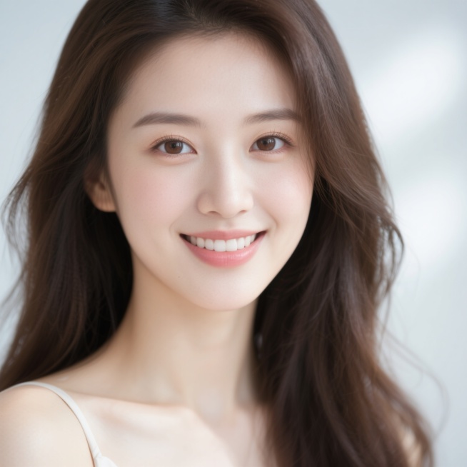 一位容貌秀丽的年轻女性，长发柔顺飘逸，眼眸明亮有神，肌肤白皙细腻，面带自然微笑，穿着简约优雅的服饰，背景为柔和的浅色系，整体画面清新自然，光影柔和预览效果