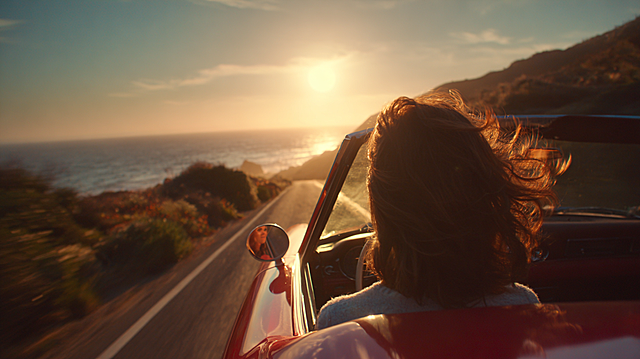 Luxury perfume advertisement storyboard, second shot: medium shot of red convertible driving on coastal highway, lens slowly zooming in from distant view, golden sunset backlight, gentle wind blowing hair, rich cinematic atmosphere, top commercial advertising texture