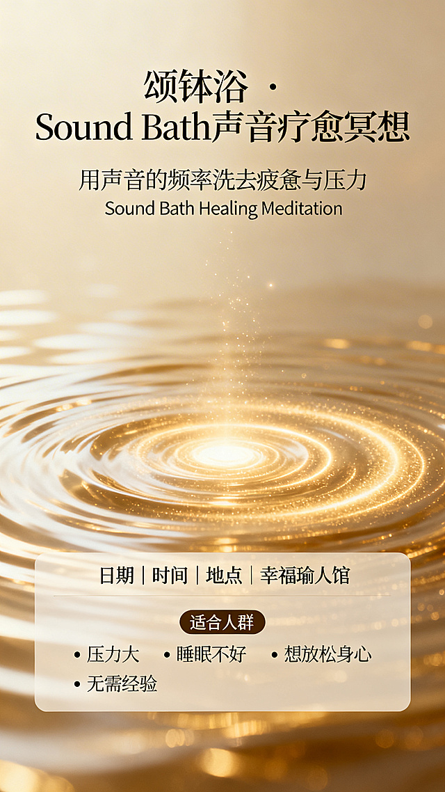 颂钵疗愈冥想活动宣传海报，背景是柔和的金色能量波和灵性光晕，充满宁静治愈的氛围。海报顶部自动排版主标题："颂钵浴 · Sound Bath声音疗愈冥想"，副标题："用声音的频率洗去疲惫与压力 Sound Bath Healing Meditation"。下方活动信息区清晰排版：日期｜时间｜地点｜幸福瑜人馆，适合人群板块列出：• 压力大 • 睡眠不好 • 想放松身心 • 无需经验。整体排版简约高级，氛围静谧平和