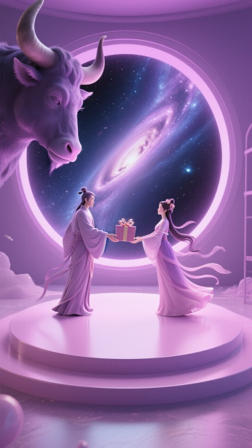 梦幻粉紫色圆形展台，背景为宇宙，中间一条宽广的银河，大牛郎、织女分布银河两端点，通过银河传递礼品，圆形站台上不要放东西。预览效果