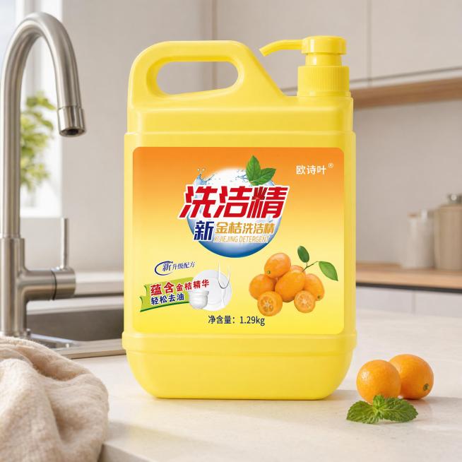 超写实商品摄影。
主体：洗洁精占画面70%，完整不裁切，绝对视觉主导，近景景别；洗洁精严格参照上传产品图，完整保留所有可见组件、部件、轮廓、结构、比例、材质、颜色与产品本体上的文字信息，与上传图完全一预览效果