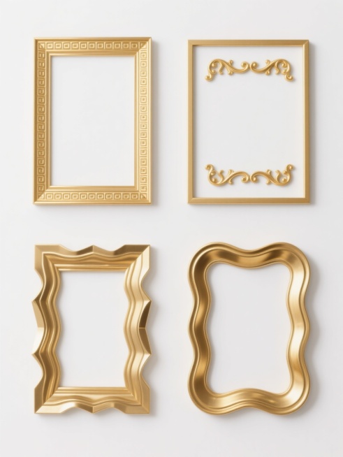 白色纯色背景上，四个具有高度统一视觉风格的金色边框元素规整排布。每个边框均保持原图中金色的奢华质感、光滑的金属表面、精确的线条勾勒和适度的高光反光效果，边框整体呈现为矩形框架结构。但四个边框在细节设计上各具特色：第一个边框为双层细金边，内侧边缘有精致的连续回纹图案；第二个边框为单层宽金边，上下边框中央装饰有对称的金色卷草纹浮雕；第三个边框为多层叠加重构的不规则金边，边框角落有简约的几何切面设计……预览效果