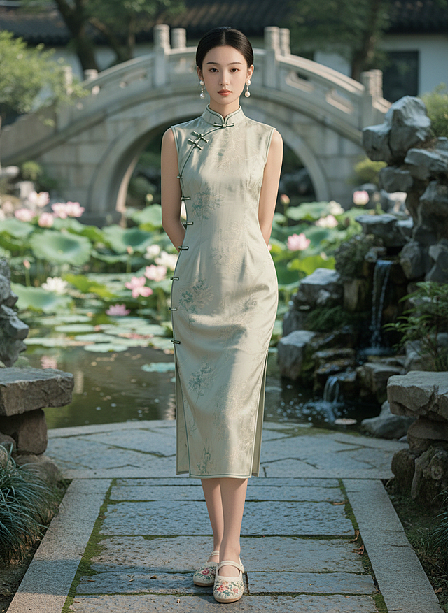 保持人物和动作不变，场景换成江南园林，景深，背景虚化