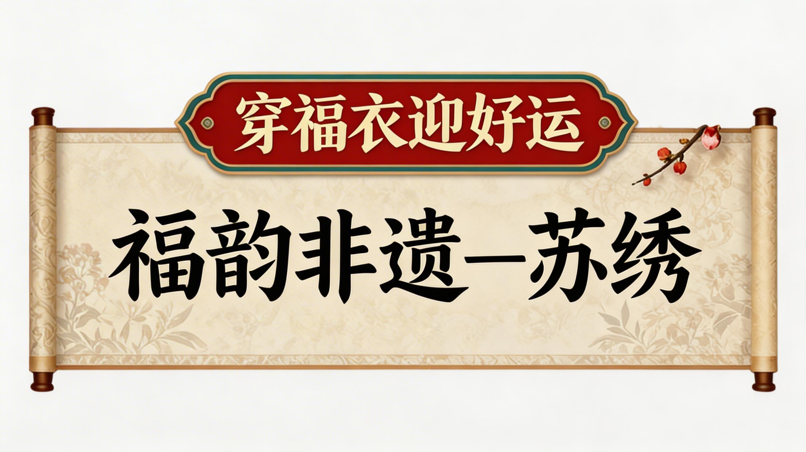 修改这张卷轴图片：将主标题“福韵非遗—苏绣”移动到下方卷轴米黄… - 图片创意预览