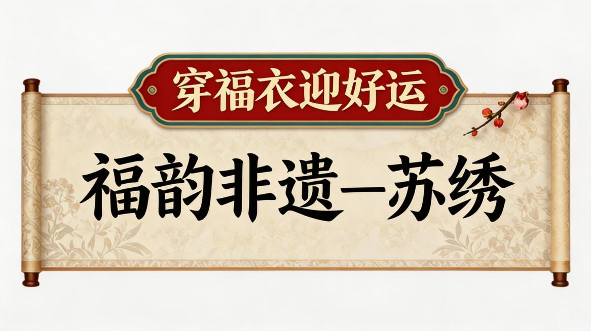 修改这张卷轴图片：将主标题“福韵非遗—苏绣”移动到下方卷轴米黄色区域，将副标题“穿福衣迎好运”移动到上方红色匾额位置，所有标题文字调整到最大尺寸，保持原有国风设计风格不变预览效果