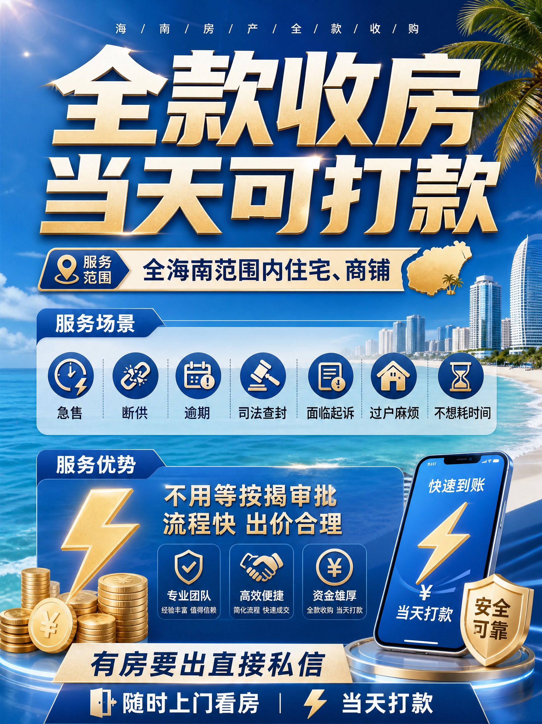 海南房产全款收购宣传海报，专业高效的商务风格，海蓝色与金色为主… - 图片创意预览