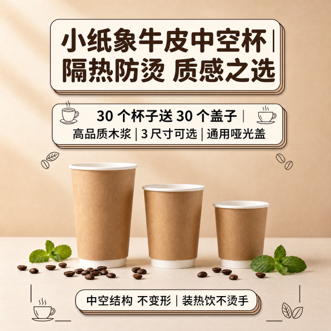 将用户提供的图片调整为1:1正方形尺寸，完整保留所有原有内容：顶部大标题'小纸象牛皮中空杯|隔热防烫 质感之选'，中间参数'30个杯子送30个盖子|高品质木浆|3尺寸可选|通用哑光盖'，中间展示三个不预览效果