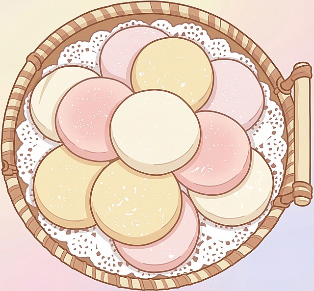 将图中的山药软雪饼和竹篮改成可爱风插画，圆润Q版，柔和马卡龙色调，线条软萌，治愈可爱风格，保留原本的物品造型