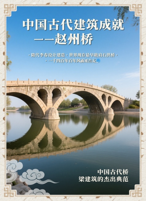 赵州桥写实摄影作品海报，顶部大字标题"中国古代建筑成就——赵州桥"，下方添加文字"隋代李春设计建造 · 世界现存最早敞肩石拱桥 · 一千四百年百年风雨依然屹立"，画面角落标注"中国古代桥梁建筑的杰出典预览效果
