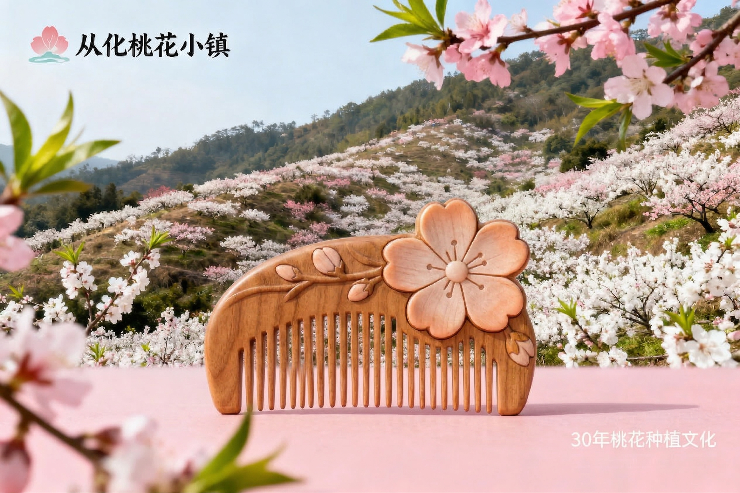 保持桃花花瓣装饰、背景花海、文字内容全部不变，仅将梳子主体部分… - 图片创意预览