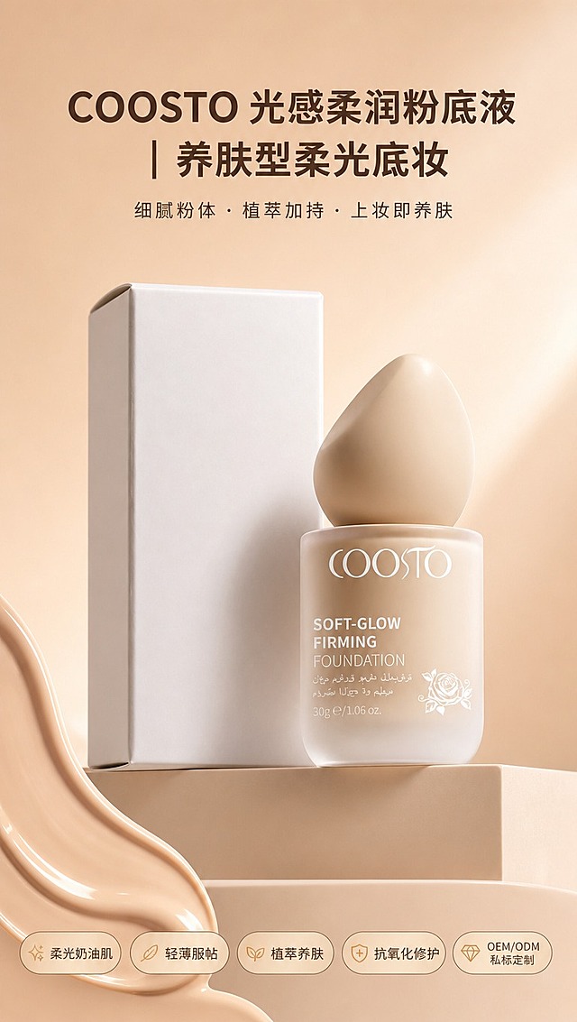 [商品] 使用【图1】COOSTO 光感柔润粉底液，保留磨砂玻璃瓶身、水滴形粉扑盖、白色外盒、COOSTO 白色Logo、SOFT-GLOW FIRMING FOUNDATION 英文及玫瑰图案，保留产品颜色、比例、材质和结构；产品处理：增强瓶身磨砂质感与光泽，让产品更精致高级，不改变外观结构。
[画面] 首屏产品海报，目标突出柔光奶油肌养肤底妆核心卖点；产品居中偏右占画面55%，瓶身正面展示，旁边搭配白色外盒；左下角加入粉底液质地流动特写（奶油状丝滑质地）；背景为暖调裸杏色渐变，搭配柔和光影与米色几何台座；顶部留白放标题，底部放5个核心标签胶囊。
[视觉] 套系策略：风格=高级美妆商业摄影，柔光奶油质感；标题字=现代无衬线粗体（思源黑体Heavy）；正文字=简洁无衬线体（思源黑体Regular）；主色=裸杏色/奶茶色；背景延展=基于裸杏色做深浅渐变、同色几何块面、细腻纸张/磨砂质感；强调色=玫瑰金/暖金色，仅用于小面积图标、引线、标签描边和高光；标题色=深棕咖色；正文色=中暖棕色；组件=圆角胶囊标签、细线引线、半透明信息卡；光影=左前侧暖柔光，柔和阴影，高级氛围感。
[文字] 顶部居中主标题：COOSTO 光感柔润粉底液｜养肤型柔光底妆；主标题下方副标题：细腻粉体 · 植萃加持 · 上妆即养肤；底部横向排列5个圆角胶囊标签：柔光奶油肌、轻薄服帖、植萃养肤、抗氧化修护、OEM/ODM私标定制；文字不遮挡产品主体，手机端清晰可读。
[规格] 图片比例9:16竖版，4K分辨率，避免变形、错字、文字过小、冷蓝背景、产品颜色改变、结构失真、绝对化用语。