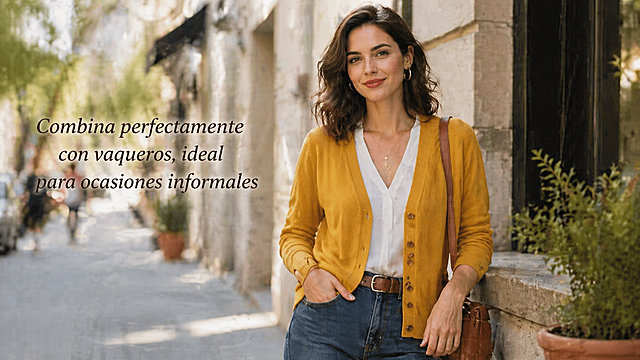 An European woman wears this mustard yellow cardigan matching with jeans, daily casual street scene, the cardigan looks soft and comfortable, fashionable and versatile, suitable for casual occasions, ultra clear, rich details, realistic and natural, add Spanish text on the picture: "Combina perfectamente con vaqueros, ideal para ocasiones informales"