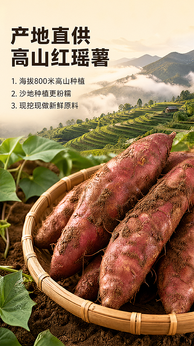 [第2屏] 红瑶薯产地原料展示屏。本屏功能为展示优质红瑶薯产地和原料品质。
[氛围/风格] 自然原生态风格，暖调农田氛围感，真实自然的美食摄影质感。
[元素布局] 上半部分为广西高山梯田产地实景图，占据画面40%高度，下半部分为竹篮盛放的新鲜挖出的红瑶红薯，带有湿润泥土气息，左侧区域预留文字排版空间，右侧展示完整带泥红薯特写，整体画面饱满，原料展示清晰。
[光影质感] 自然光漫射效果，光线柔和通透，突出红薯新鲜湿润的表皮质感，明暗层次自然。
[配色色系] 全局底色：#FFF1E0（浅暖黄）；主体配色：#3A5F3A（梯田翠绿）+#D2B48C（泥土色）+#8B4513（红薯外皮）；字色沿用#2C2C2C（深棕）。
[视角构图] 上下分栏构图，上景下物，遵循移动端竖屏阅读逻辑，视角自然舒展。
[文字版式] 沿用粗黑体标题风格，深棕纯色字，左上区域主标题「产地直供 高山红瑶薯」，下方三行卖点：「海拔800米高山种植」「沙地种植更粉糯」「现挖现做新鲜原料」，采用编号列表排列，干净清晰，不遮挡主要实景和原料。
[比例分辨率] 9:16竖版比例，4K分辨率，文字清晰可辨，超高清。
[负向提示词] 文字错乱，背景杂乱，水印，变质红薯，颜色偏差，过度修饰，虚假宣传，极限词