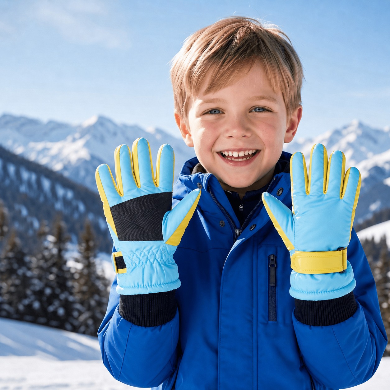 将小男孩手上戴的蓝色儿童滑雪手套替换为浅蓝色主体、黄色拼接、黄… - 图片创意预览