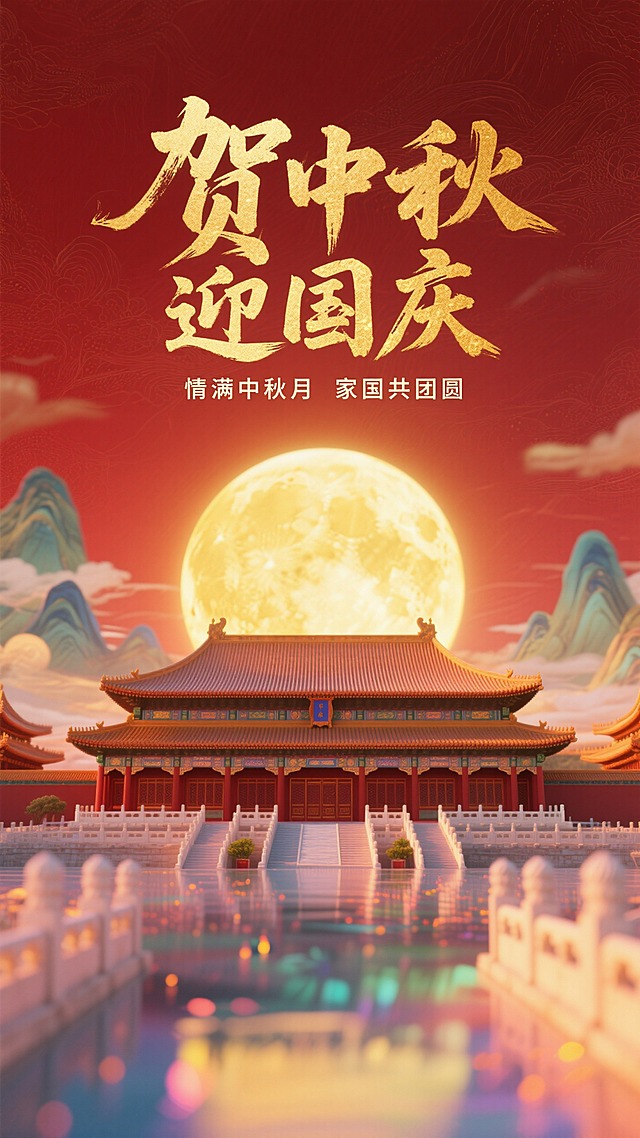 中式美学风格，背景：褚红色，山水暗纹。画面上方有书法字标题“贺中秋 迎国庆”和小字“情满中秋月 家国共团圆”，金色；画面下方为故宫建筑，后面是模糊的金黄色圆月轮廓，呈现高斯模糊与炫彩光影叠化效果，增强梦幻氛围