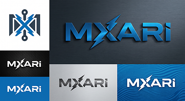 重新设计MXARI品牌logo，要求：
1. 字体改用工业气质几何粗体，块面感线条，字母转角锐利切角，参考DIN Next/Industry/Bebas Neue/Eurostile气质，避免圆角；
2. 字母调整：M中间V切角深锐，两侧竖笔微倾有向上动势；X做视觉焦点，四条笔画不等宽楔形，带速度感，一端切平成箭头/闪电意象；A中间横笔下移或去掉，顶部切平；R腿部弧线改为直线斜切；I保持极简，顶底加微小水平切角；
3. 添加可独立使用的几何图形标，尝试MX几何化叠合为电路节点/能量核心对称图形；
4. 将logo展示在深空灰金属拉丝或哑光黑色碳纤维纹理背景上；
5. logo添加微妙金属光泽阳极氧化质感，主方案为深空灰基底+电光蓝文字图形，同时包含单色反白版本；
6. 整体风格突出硬核科技感与工业精密感，更锐利更有力量和几何张力，避免圆角细线卡通感手写感复杂图形