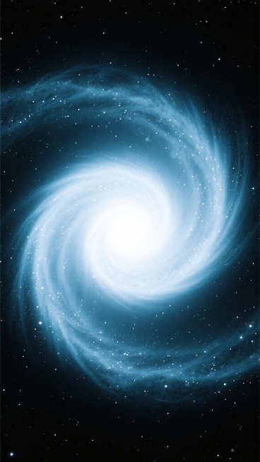 深邃黑色宇宙背景，中央是螺旋状星云，星云以明亮的白色为中心，向外渐变为柔和的浅蓝色，螺旋臂上点缀着细密的白色星光，整体呈现出简洁干净的配色风格，画面宁静而神秘。预览效果